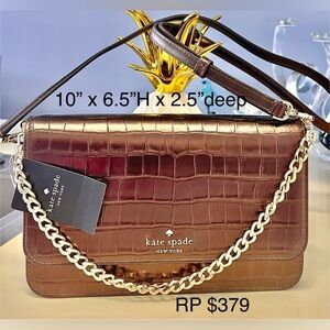 Kate Spade RP$379 NWT Leather Croc embossed CROSSBODY/Should Bag Hot Fudge